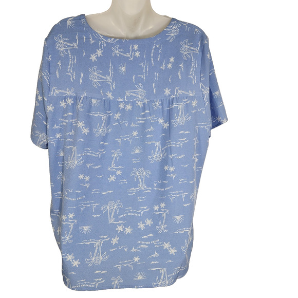 Denim & Co Womens Scenic Print Short Sleeve Crew Neck Blouse Large Blue Haze - Picture 2 of 9